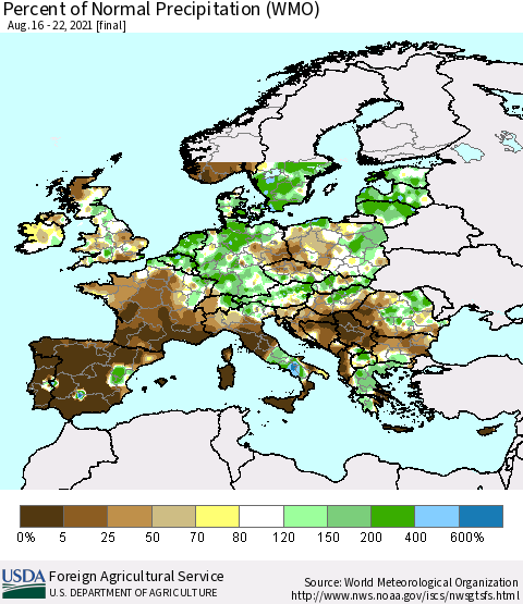 Europe Percent of Normal Precipitation (WMO) Thematic Map For 8/16/2021 - 8/22/2021