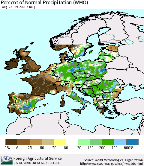 Europe Percent of Normal Precipitation (WMO) Thematic Map For 8/23/2021 - 8/29/2021