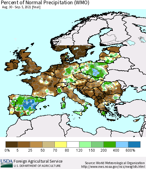 Europe Percent of Normal Precipitation (WMO) Thematic Map For 8/30/2021 - 9/5/2021