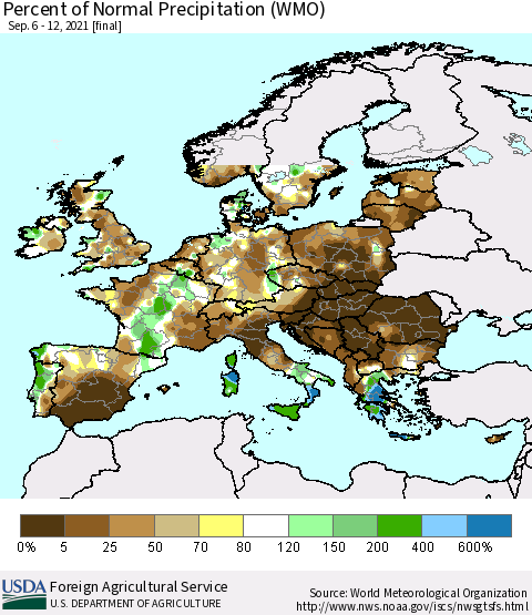 Europe Percent of Normal Precipitation (WMO) Thematic Map For 9/6/2021 - 9/12/2021
