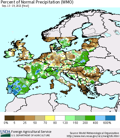 Europe Percent of Normal Precipitation (WMO) Thematic Map For 9/13/2021 - 9/19/2021