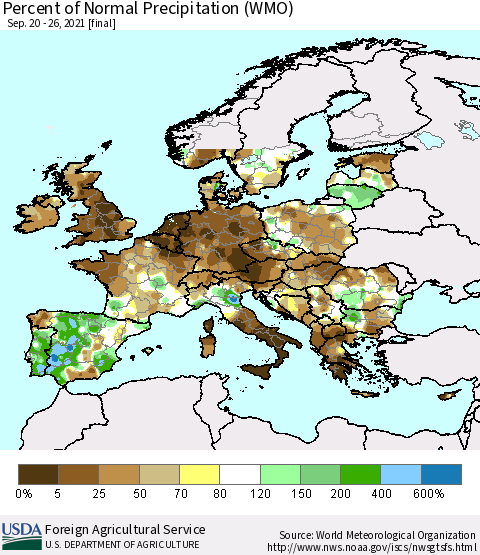 Europe Percent of Normal Precipitation (WMO) Thematic Map For 9/20/2021 - 9/26/2021