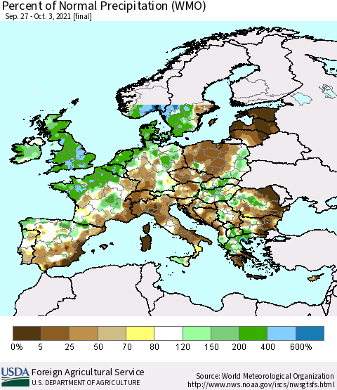 Europe Percent of Normal Precipitation (WMO) Thematic Map For 9/27/2021 - 10/3/2021