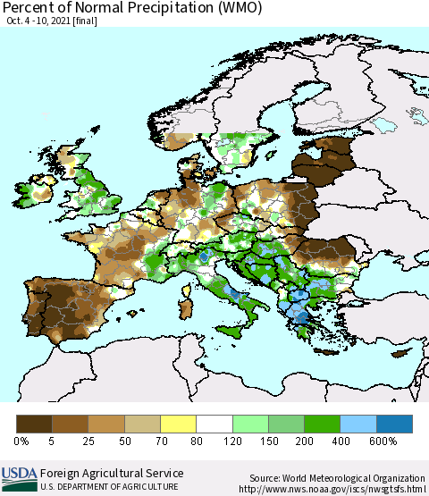 Europe Percent of Normal Precipitation (WMO) Thematic Map For 10/4/2021 - 10/10/2021
