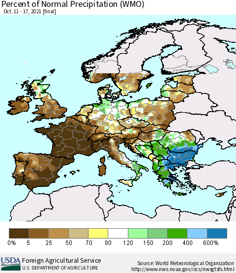 Europe Percent of Normal Precipitation (WMO) Thematic Map For 10/11/2021 - 10/17/2021