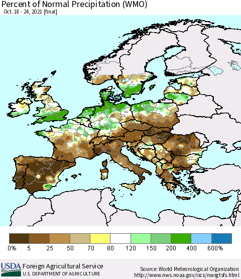 Europe Percent of Normal Precipitation (WMO) Thematic Map For 10/18/2021 - 10/24/2021