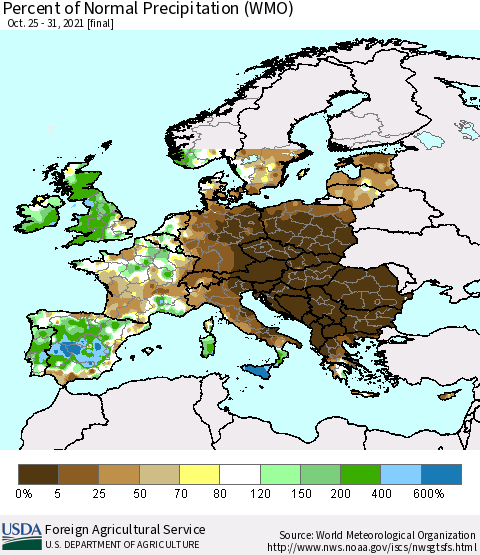 Europe Percent of Normal Precipitation (WMO) Thematic Map For 10/25/2021 - 10/31/2021