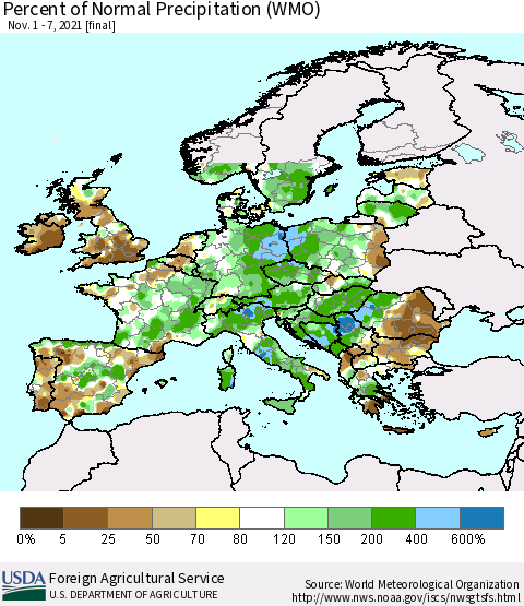 Europe Percent of Normal Precipitation (WMO) Thematic Map For 11/1/2021 - 11/7/2021