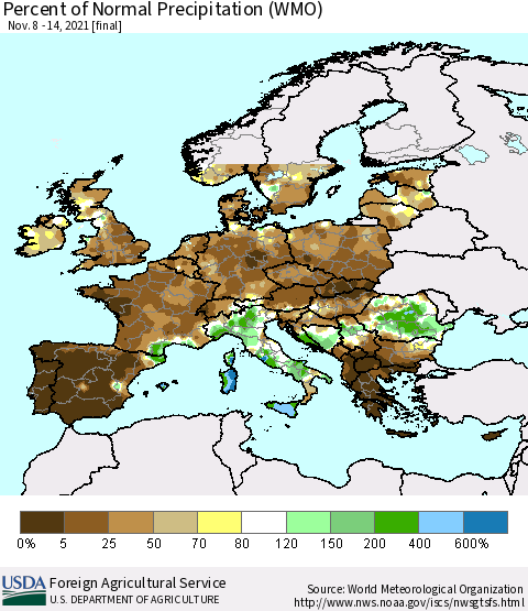 Europe Percent of Normal Precipitation (WMO) Thematic Map For 11/8/2021 - 11/14/2021