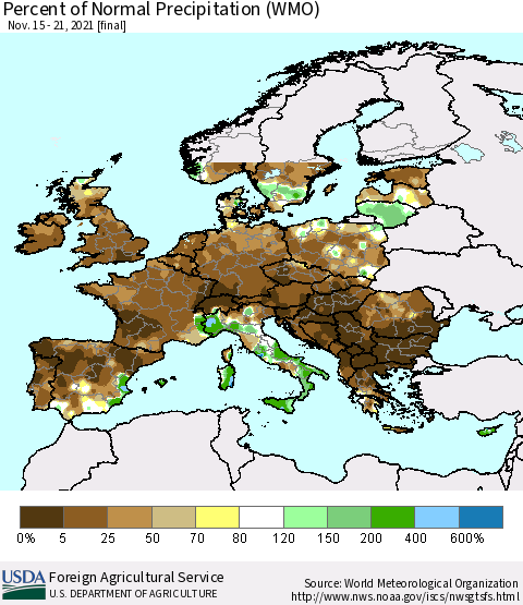 Europe Percent of Normal Precipitation (WMO) Thematic Map For 11/15/2021 - 11/21/2021