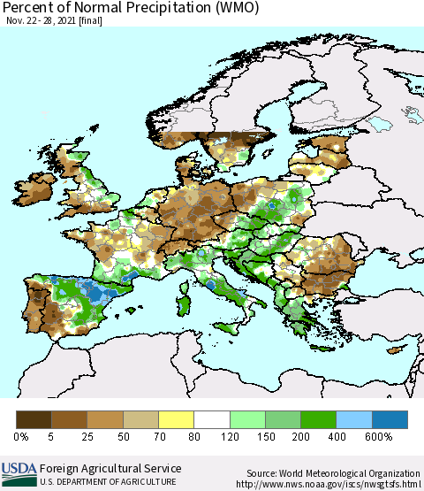 Europe Percent of Normal Precipitation (WMO) Thematic Map For 11/22/2021 - 11/28/2021