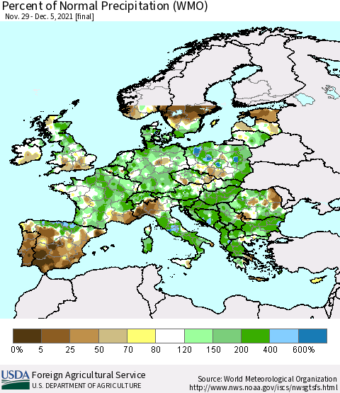Europe Percent of Normal Precipitation (WMO) Thematic Map For 11/29/2021 - 12/5/2021
