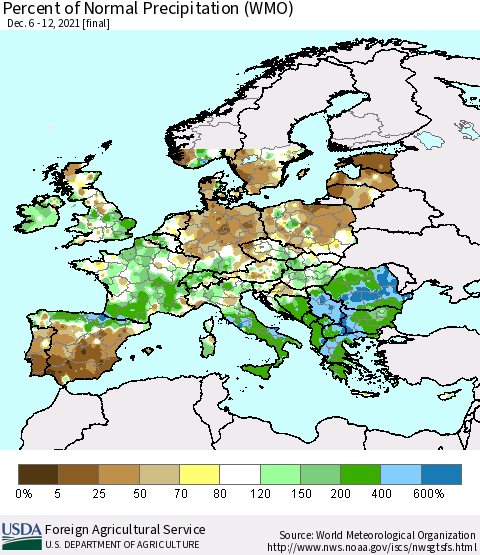 Europe Percent of Normal Precipitation (WMO) Thematic Map For 12/6/2021 - 12/12/2021