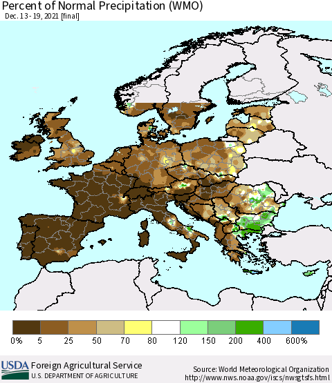 Europe Percent of Normal Precipitation (WMO) Thematic Map For 12/13/2021 - 12/19/2021