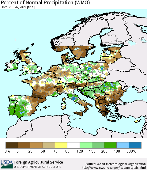 Europe Percent of Normal Precipitation (WMO) Thematic Map For 12/20/2021 - 12/26/2021