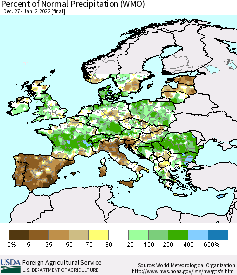 Europe Percent of Normal Precipitation (WMO) Thematic Map For 12/27/2021 - 1/2/2022