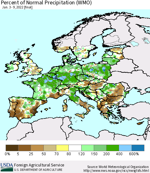 Europe Percent of Normal Precipitation (WMO) Thematic Map For 1/3/2022 - 1/9/2022