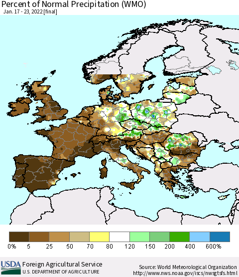 Europe Percent of Normal Precipitation (WMO) Thematic Map For 1/17/2022 - 1/23/2022