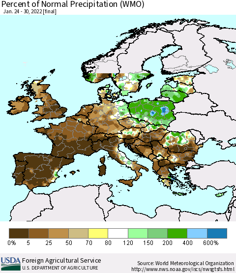 Europe Percent of Normal Precipitation (WMO) Thematic Map For 1/24/2022 - 1/30/2022