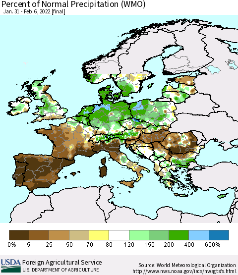 Europe Percent of Normal Precipitation (WMO) Thematic Map For 1/31/2022 - 2/6/2022