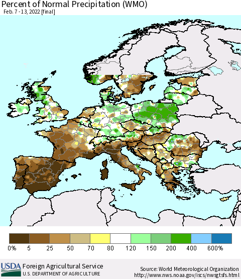 Europe Percent of Normal Precipitation (WMO) Thematic Map For 2/7/2022 - 2/13/2022