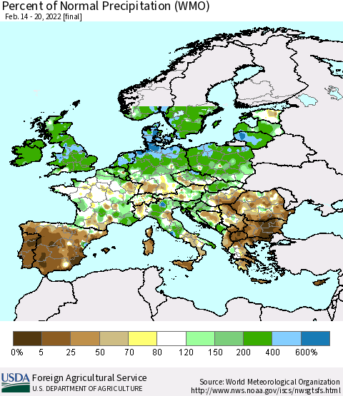 Europe Percent of Normal Precipitation (WMO) Thematic Map For 2/14/2022 - 2/20/2022