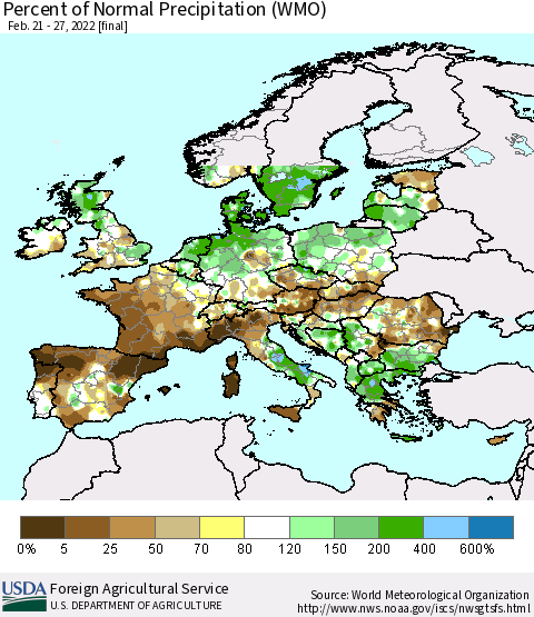 Europe Percent of Normal Precipitation (WMO) Thematic Map For 2/21/2022 - 2/27/2022