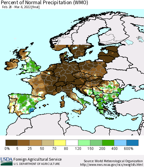 Europe Percent of Normal Precipitation (WMO) Thematic Map For 2/28/2022 - 3/6/2022