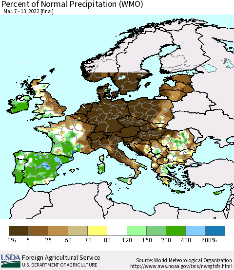 Europe Percent of Normal Precipitation (WMO) Thematic Map For 3/7/2022 - 3/13/2022
