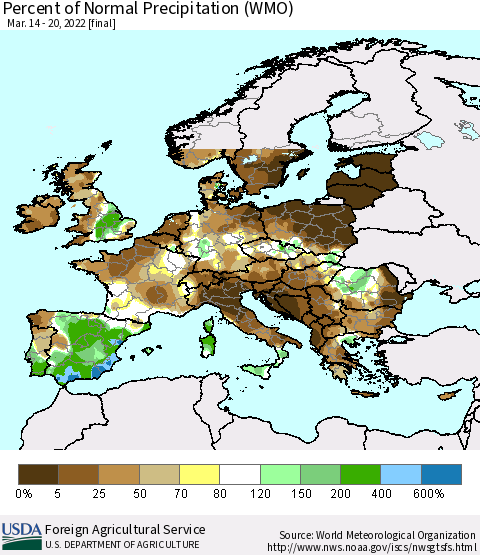 Europe Percent of Normal Precipitation (WMO) Thematic Map For 3/14/2022 - 3/20/2022