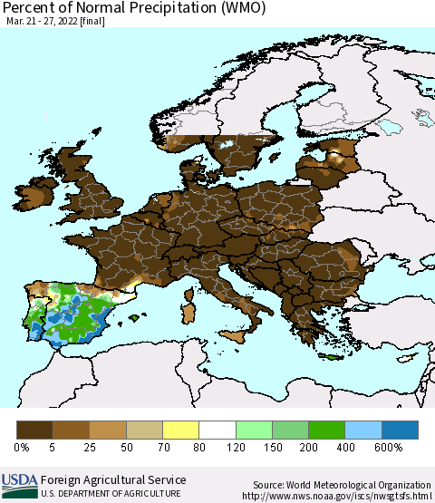 Europe Percent of Normal Precipitation (WMO) Thematic Map For 3/21/2022 - 3/27/2022
