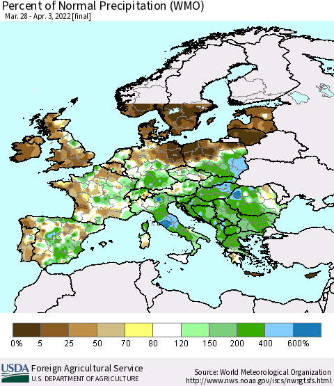 Europe Percent of Normal Precipitation (WMO) Thematic Map For 3/28/2022 - 4/3/2022