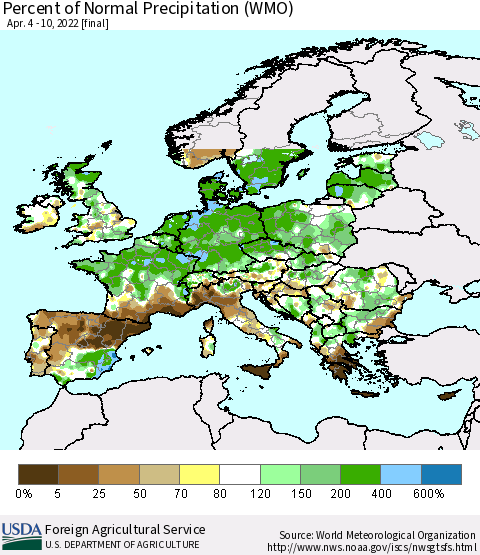 Europe Percent of Normal Precipitation (WMO) Thematic Map For 4/4/2022 - 4/10/2022