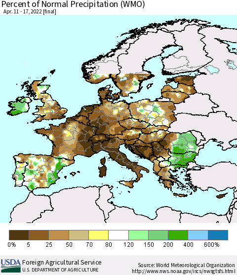 Europe Percent of Normal Precipitation (WMO) Thematic Map For 4/11/2022 - 4/17/2022