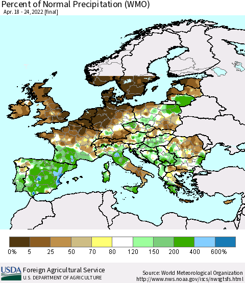 Europe Percent of Normal Precipitation (WMO) Thematic Map For 4/18/2022 - 4/24/2022