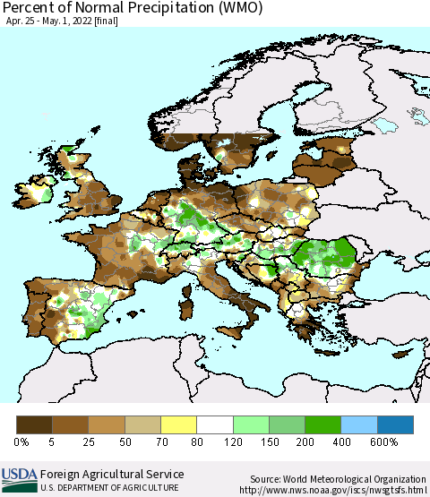 Europe Percent of Normal Precipitation (WMO) Thematic Map For 4/25/2022 - 5/1/2022
