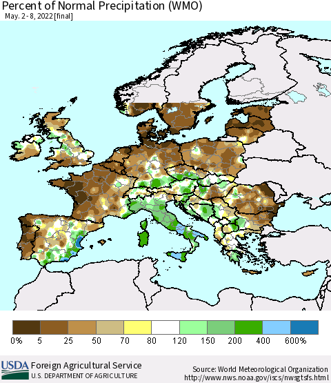 Europe Percent of Normal Precipitation (WMO) Thematic Map For 5/2/2022 - 5/8/2022