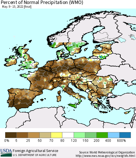Europe Percent of Normal Precipitation (WMO) Thematic Map For 5/9/2022 - 5/15/2022