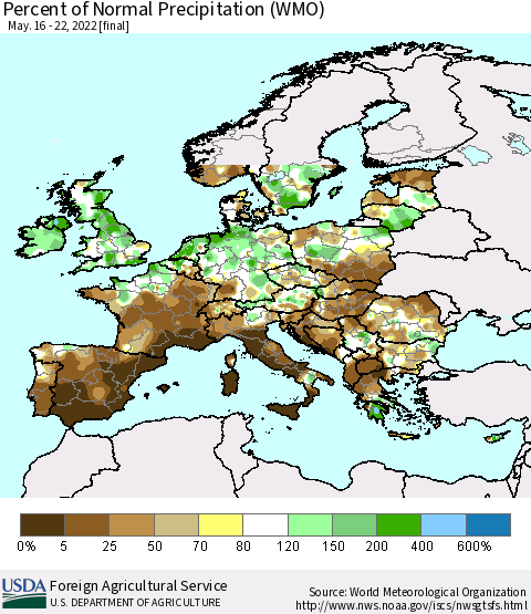 Europe Percent of Normal Precipitation (WMO) Thematic Map For 5/16/2022 - 5/22/2022