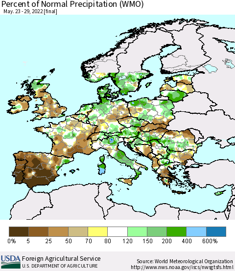 Europe Percent of Normal Precipitation (WMO) Thematic Map For 5/23/2022 - 5/29/2022