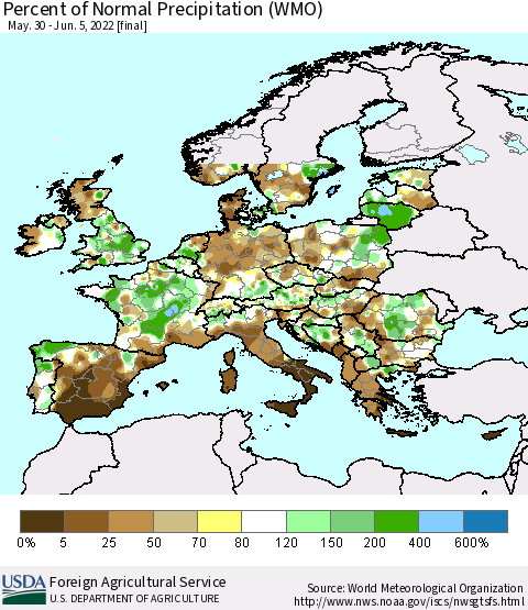 Europe Percent of Normal Precipitation (WMO) Thematic Map For 5/30/2022 - 6/5/2022