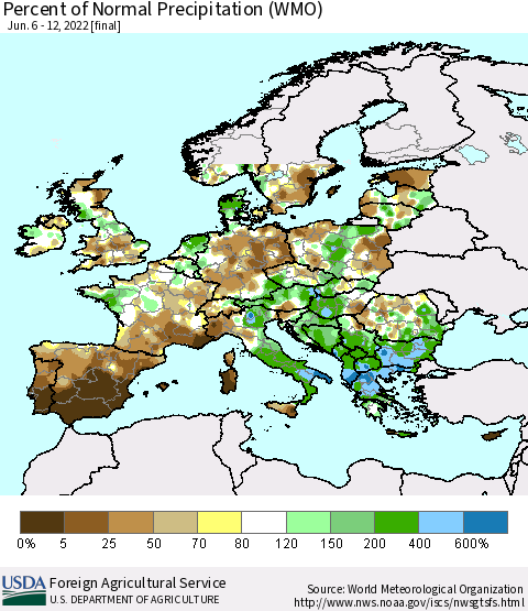 Europe Percent of Normal Precipitation (WMO) Thematic Map For 6/6/2022 - 6/12/2022