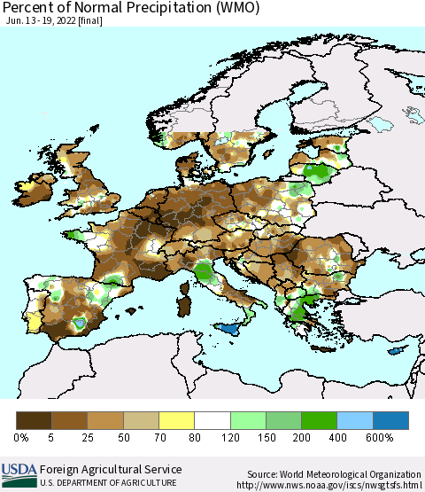Europe Percent of Normal Precipitation (WMO) Thematic Map For 6/13/2022 - 6/19/2022