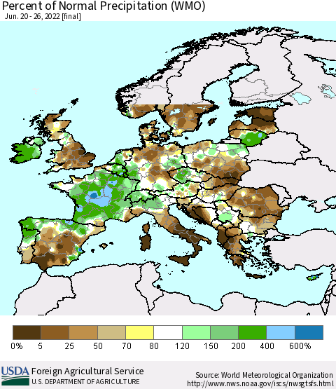 Europe Percent of Normal Precipitation (WMO) Thematic Map For 6/20/2022 - 6/26/2022