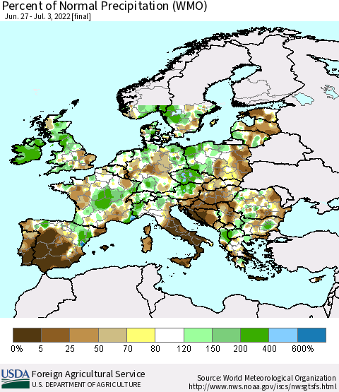 Europe Percent of Normal Precipitation (WMO) Thematic Map For 6/27/2022 - 7/3/2022
