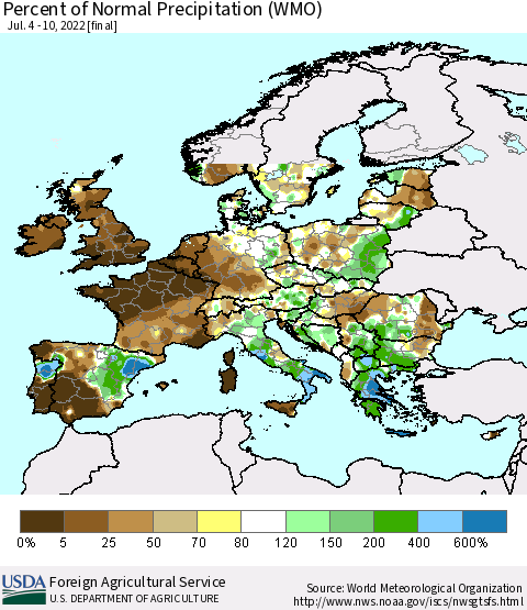 Europe Percent of Normal Precipitation (WMO) Thematic Map For 7/4/2022 - 7/10/2022