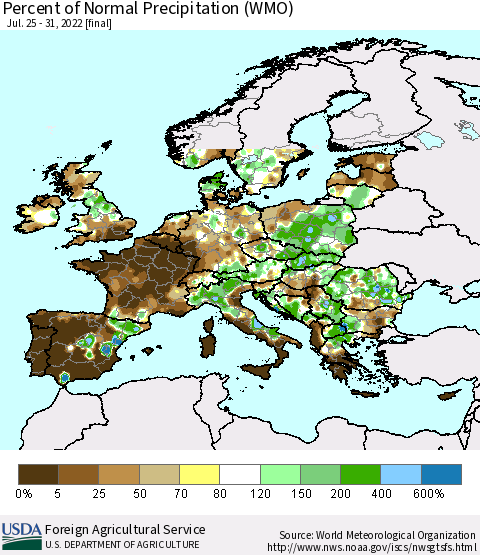 Europe Percent of Normal Precipitation (WMO) Thematic Map For 7/25/2022 - 7/31/2022