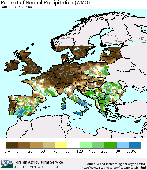 Europe Percent of Normal Precipitation (WMO) Thematic Map For 8/8/2022 - 8/14/2022