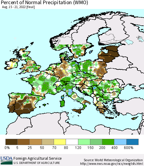 Europe Percent of Normal Precipitation (WMO) Thematic Map For 8/15/2022 - 8/21/2022