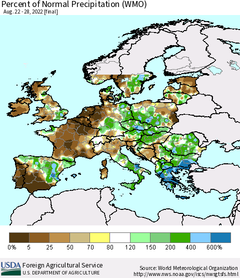 Europe Percent of Normal Precipitation (WMO) Thematic Map For 8/22/2022 - 8/28/2022